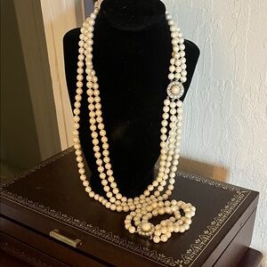 Vintage Faux Pearl Multi-Strand Necklace and Bracelet with Rhinestone Clasps